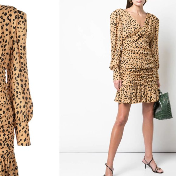 Puff sleeve leopard printed silk ruffle mini dress - size 0 - Modern 80s style - Picture 16 of 16